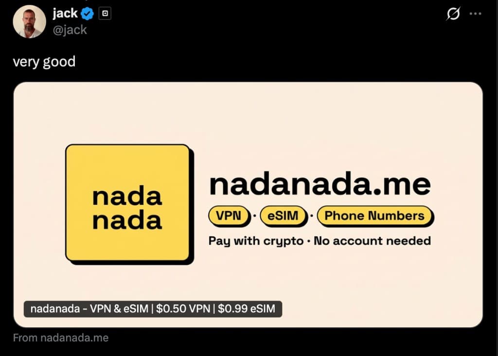Jack Dorsey (@jack) tweeting 'very good' about nadanada