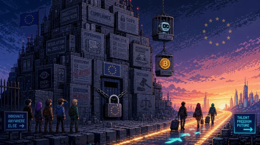 European startup founders weighed down by AI Act and MiCA compliance paperwork in 2026